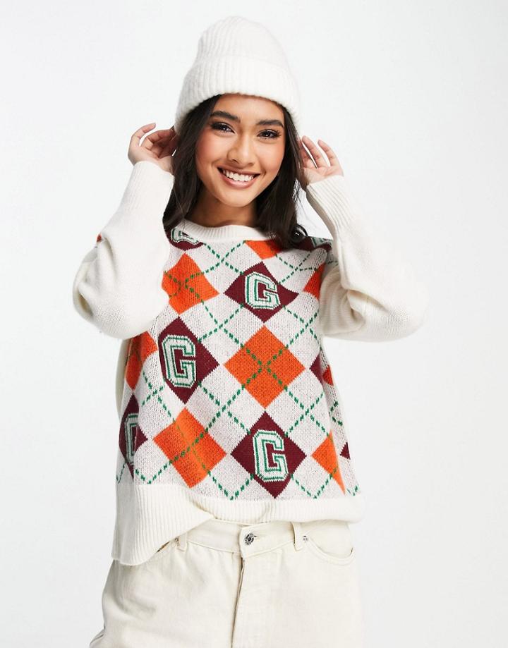 Gant Argyle Crew Neck Knit Sweater In Cream-white