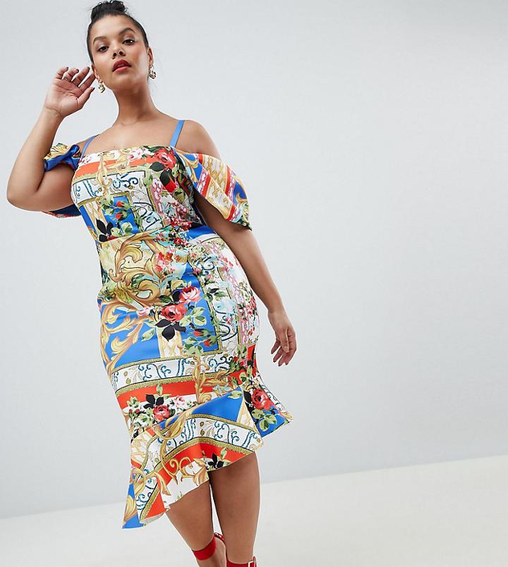 Asos Design Curve Cold Shoulder Printed Trophy Square Neck Midi Dress - Multi