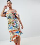 Asos Design Curve Cold Shoulder Printed Trophy Square Neck Midi Dress - Multi