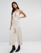 Mango Cropped Leather Look Jumpsuit - White