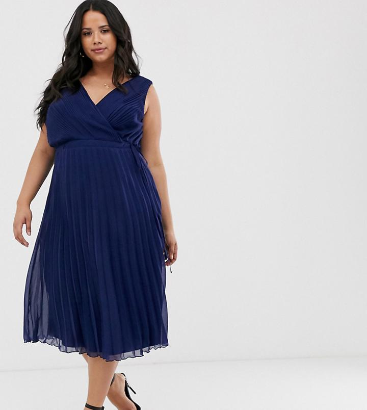 Asos Design Curve Wrap Bodice Midi Dress With Tie Waist And Pleat Skirt-navy