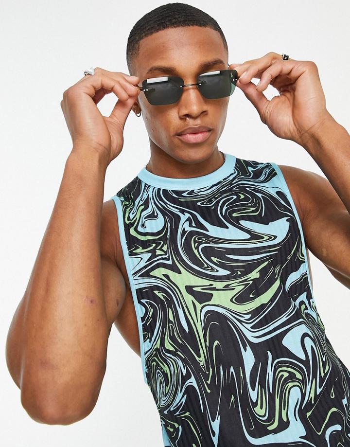 Asos Design Muscle Fit Tank Top In Blue Marble Print With Drop Armhole