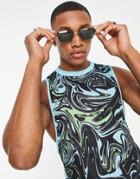 Asos Design Muscle Fit Tank Top In Blue Marble Print With Drop Armhole