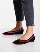 Love Moschino Pointed Flat Shoes In Burgundy Velvet-red