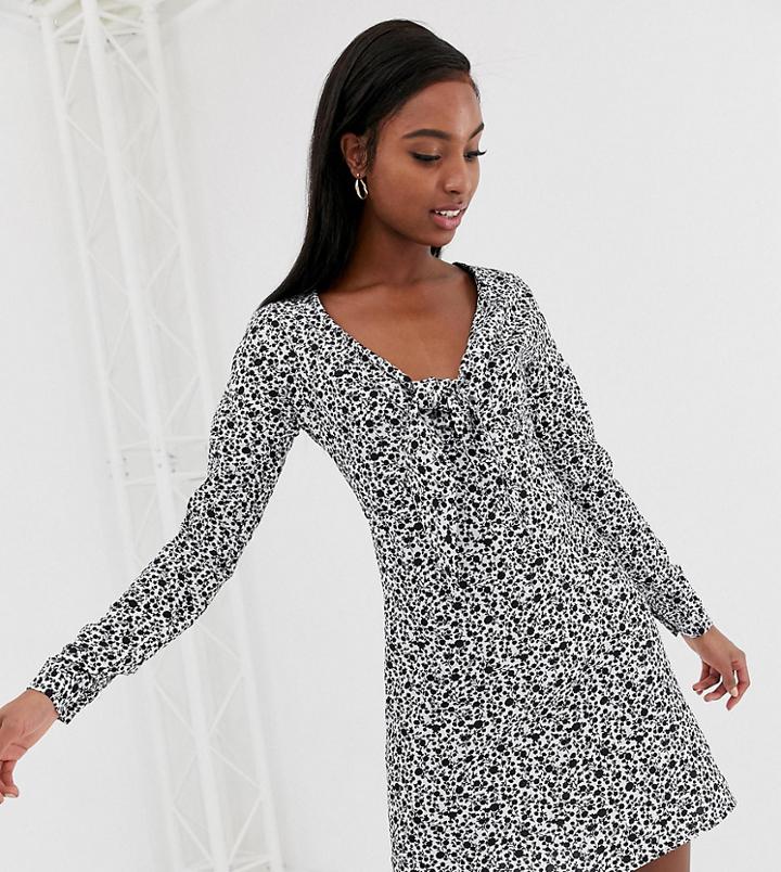 Glamorous Tall Long Sleeve Mini Dress With Tie Front In Ditsy Floral-black