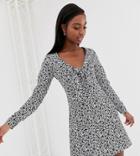 Glamorous Tall Long Sleeve Mini Dress With Tie Front In Ditsy Floral-black