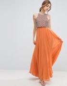 Asos All Over Embellished Crop Top Maxi Dress - Orange