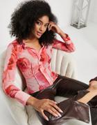 Asos Design Slim Fit Shirt With Seam Detail In Rose Print-pink
