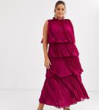 Truly You High Neck Tiered Maxi Dress With Pleat Detail In Raspberry-pink