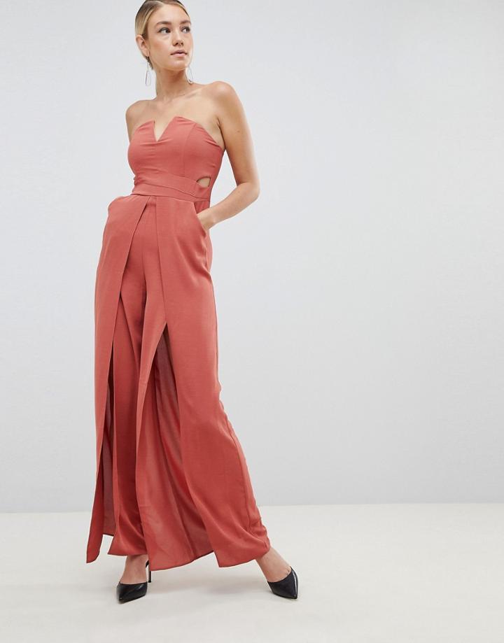 Parallel Lines Bandeau Wide Leg Jumpsuit With Leg Splits - Pink