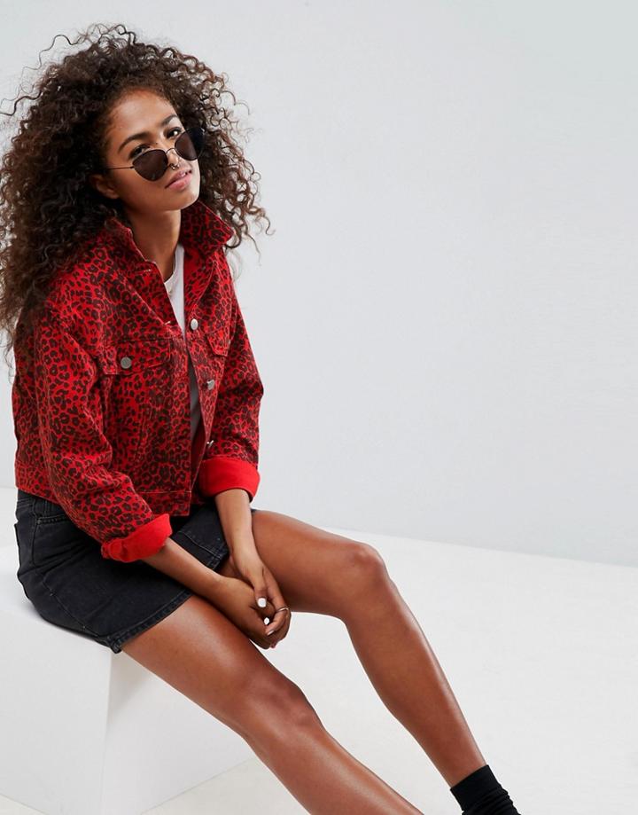 Asos Denim Jacket In Red Leopard Print - Red