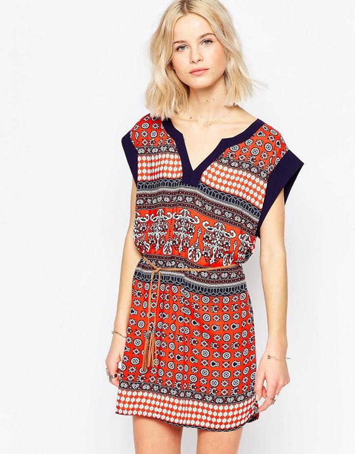 Brave Soul Belted Tunic Dress - Red Combo