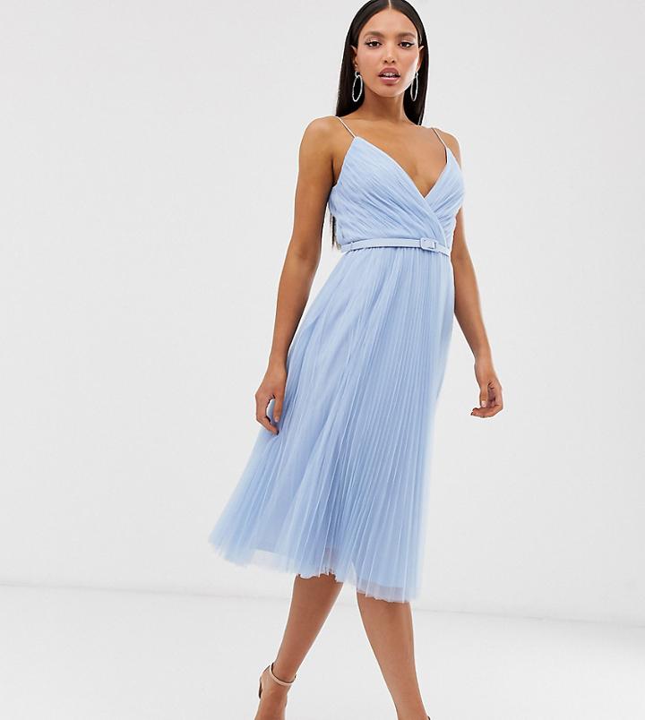 Asos Design Tall Belted Pleated Tulle Cami Midi Dress - Pink