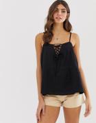 Asos Design Lattice Front Cami In Casual Fabric Sun Top - Black