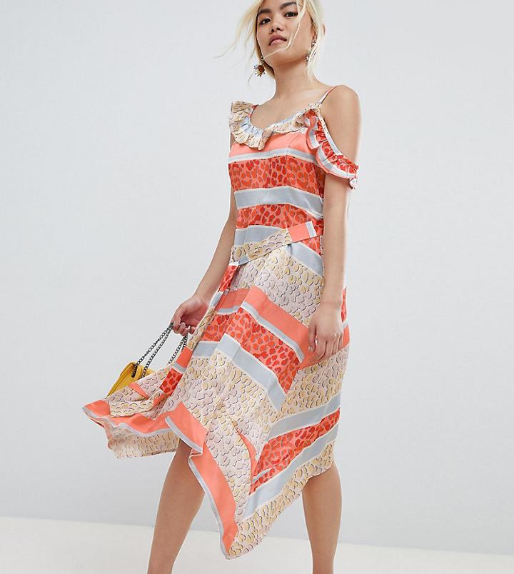 Lost Ink Petite Midi Dress With Tie Waist In Tropical Mix And Match Print - Orange