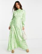 Asos Design High Neck Maxi Satin Tea Dress In Green Swirl Print-multi