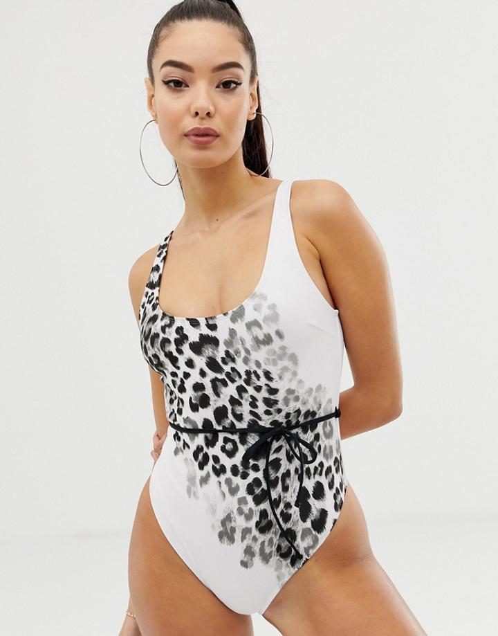 Asos Design Scoop Neck Belted Swimsuit In Mono Leopard-multi