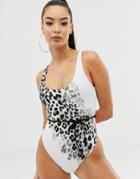 Asos Design Scoop Neck Belted Swimsuit In Mono Leopard-multi