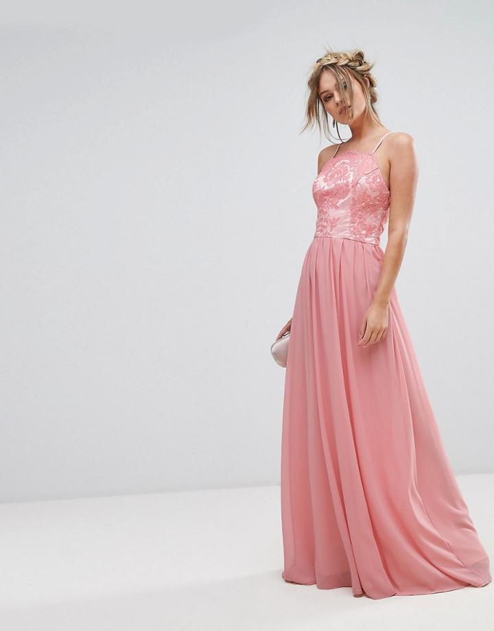 Chi Chi London Premium Lace Maxi Dress With Chiffon Skirt - Pink