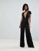 Asos Plunge Neck Jumpsuit With Wide Leg And Open Back - Black