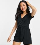 Threadbare Petite Wrap Front Short Sleeve Jersey Romper In Black
