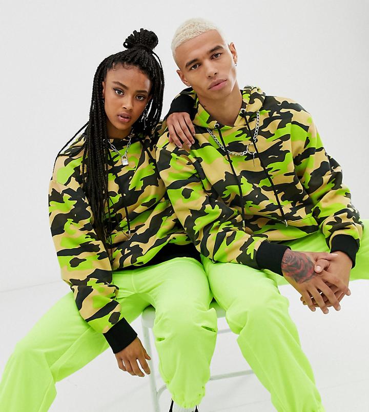 Collusion Unisex Bright Camo Oversized Hoodie - Green