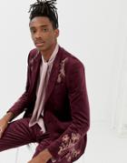 Asos Edition Skinny Suit Jacket In Burgundy Embroidered Velvet - Red