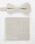 Asos Design Linen Bow Tie And Pocket Square In Stone-neutral