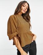 Lola May Open Back Blouse In Tan Gingham-brown
