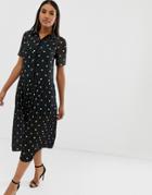 Asos Design Pleated Midi Shirt Dress In Mono Polka Dot-multi