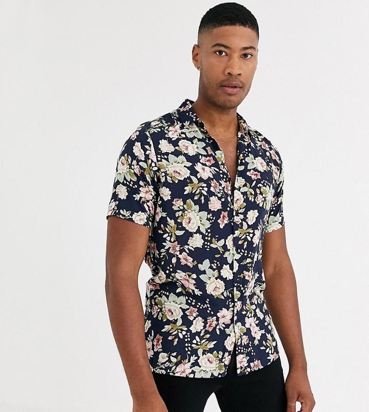 Asos Design Tall Regular Fit Floral Shirt In Navy