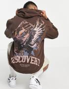 River Island Washed Eagle Print Hoodie In Brown