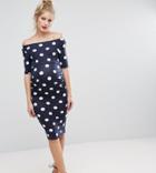 Asos Maternity Petite Bardot Dress With Half Sleeve In Spot - Navy