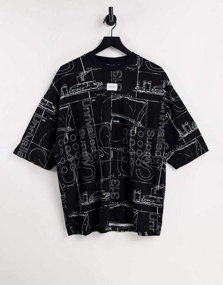Asos Unrvlld Spply Oversized T-shirt With All Over Graphic Print In Black