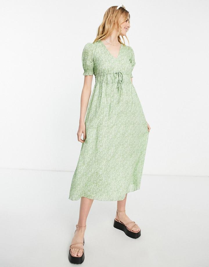 & Other Stories Midi Dress With Drawstring Waist And Puff Sleeves In Pretty Floral-green