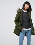 Parka London Alana Faux Fur Trim Parka Coat - Green
