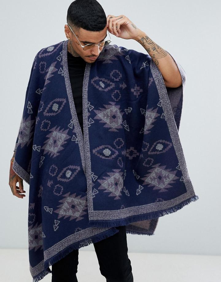 Asos Design Cape In Navy Geo-tribal - Navy