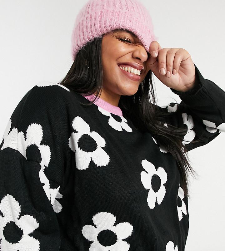 Skinnydip Curve Relaxed Sweater With Daisy Knit-black