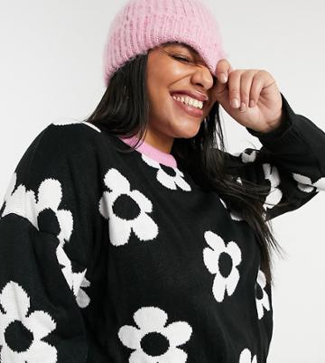 Skinnydip Curve Relaxed Sweater With Daisy Knit-black