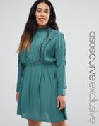 Asos Curve Button Down Skater Dress With Ruffles - Green