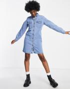 Pieces Button Front Mini Shirt Dress In Light Blue Denim