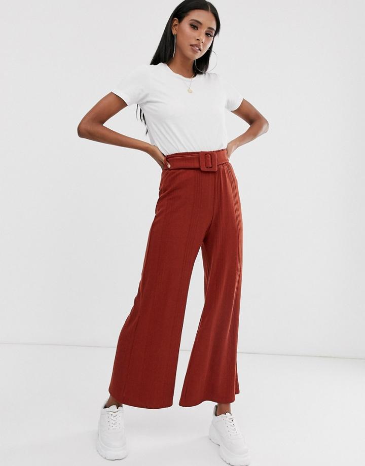 Asos Design Rib Wide Leg Pants With Self Covered Belt