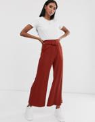 Asos Design Rib Wide Leg Pants With Self Covered Belt