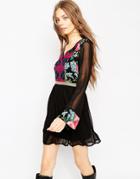 Asos Skater Dress With Embroidered Front Detail - Black