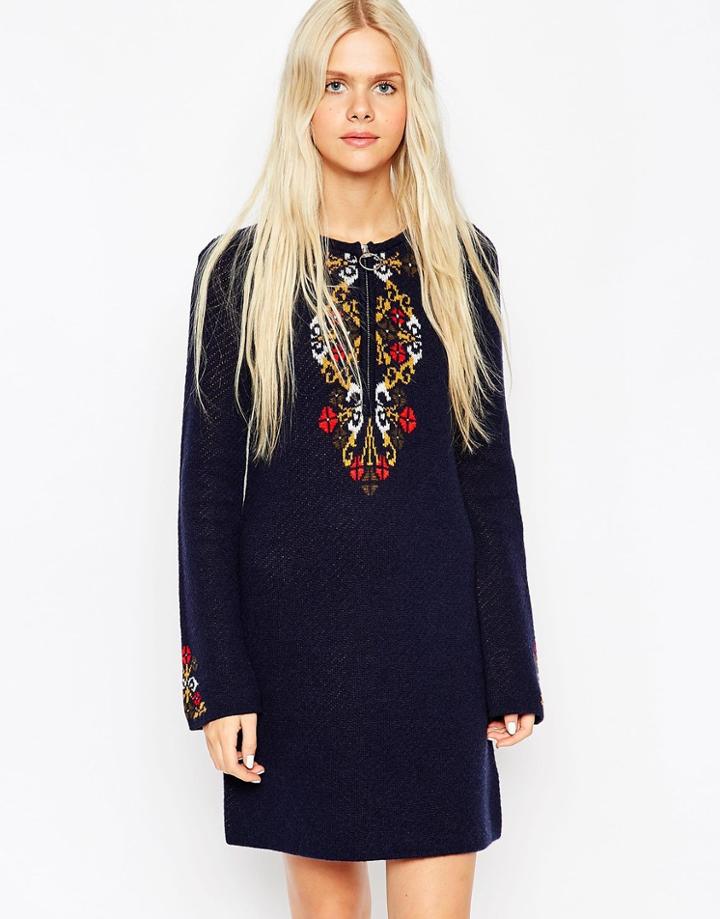 Asos Dress In Folk Pattern In Knit - Navy