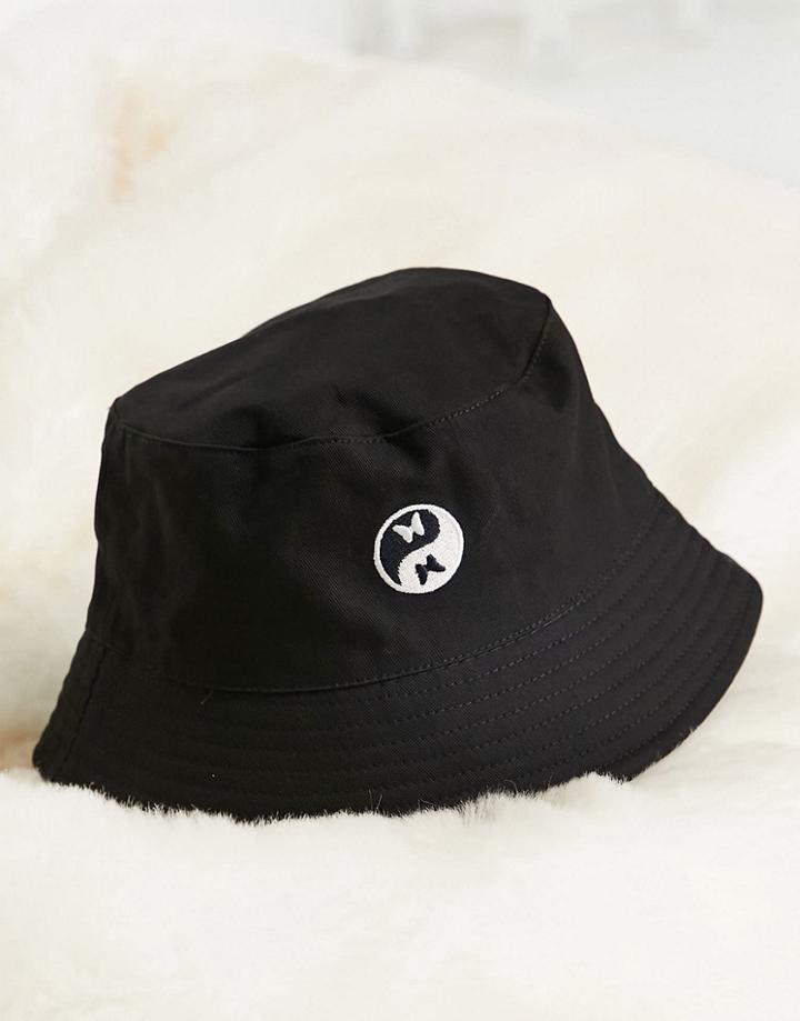 Asos Design Cotton Bucket Hat With Yin Yang Embroidery In Black-neutral