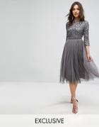 Maya 3/4 Sleeve Midi Dress In Tonal Delicate Sequin And Puffy Tulle Skirt With Bow Back - Gray