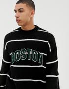 New Look Crew Neck Stripe Sweater With Boston Lettering-navy