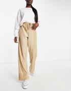 Topshop Straight Leg Plisse Pant With Split Hems In Camel-neutral