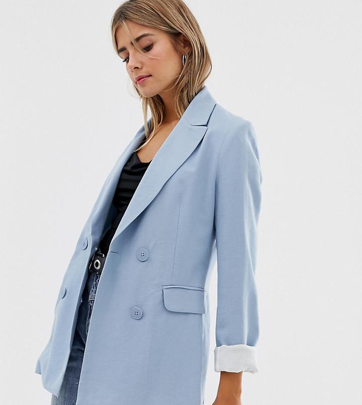 Bershka Longline Double Breasted Blazer In Blue